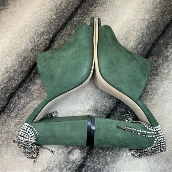 Jimmy Choo Baia 100 mm Crystal Detailed Cactus Suede Mule Sandal Heels - Picture 6 of 10